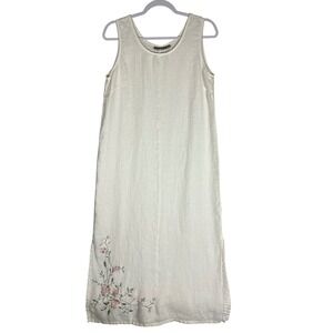 IVY White Linen Floral Embroidered‎ Sleeveless Maxi Dress Sz 10 VTG Made in USA